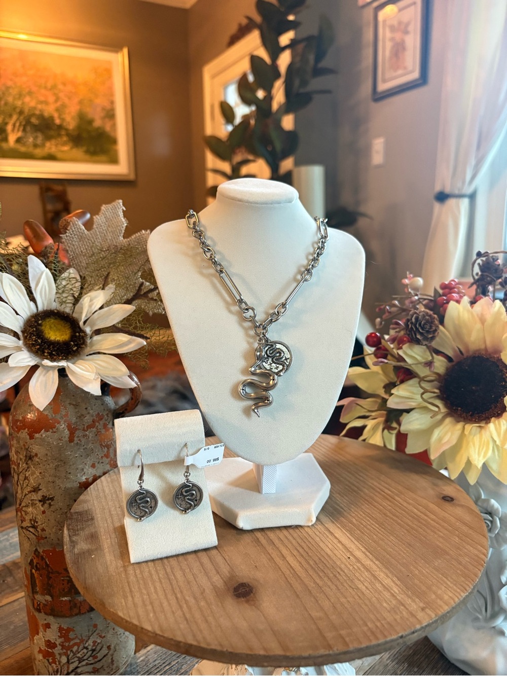 Johnny Was Snake Charm Necklace & Coin Drop Earrings Set | Silver Tone